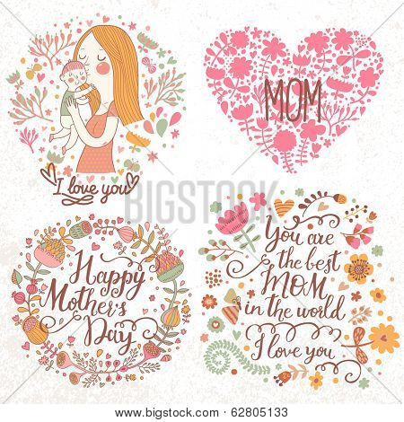 Cute retro vector cards with mother and child, flower wreath, hearts. Happy mothers day. Vintage floral backgrounds with woman and baby. I love you postcard. Set of four designs.