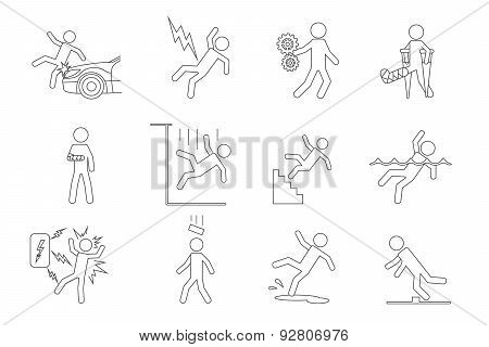 Vector people line icons in a variety of common accidents