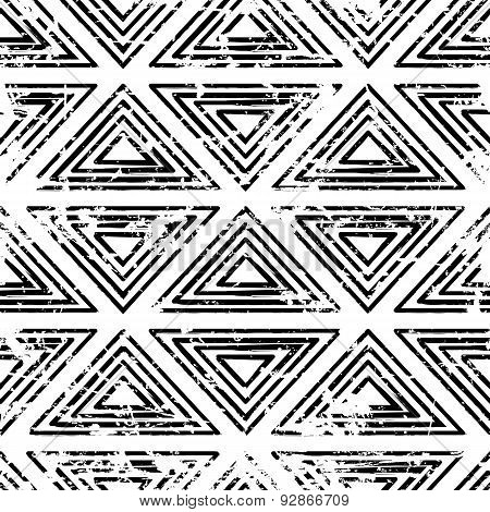 Hand Drawn Vector Line Triangle Ornament Grunge Seamless Pattern. Abstract Black And White Geometric