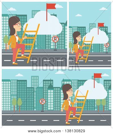 Young business woman climbing up the ladder to get the red flag on the top of the cloud. Vector flat design illustration. Square, horizontal, vertical layouts.