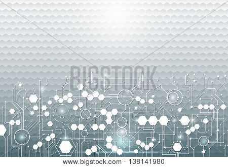 Vector illustration circuit board on hexagons background. Hi-tech digital technology and engineering digital telecom technology concept. Vector abstract futuristic on light blue color background