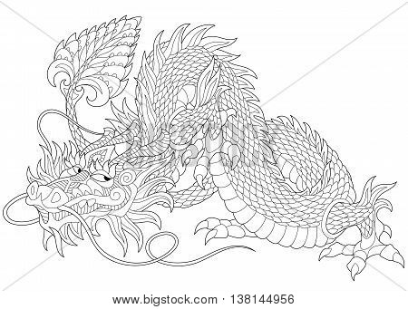 Stylized dragon - symbol of chinese new year, isolated on white background. Freehand sketch for adult anti stress coloring book page with doodle and zentangle elements.