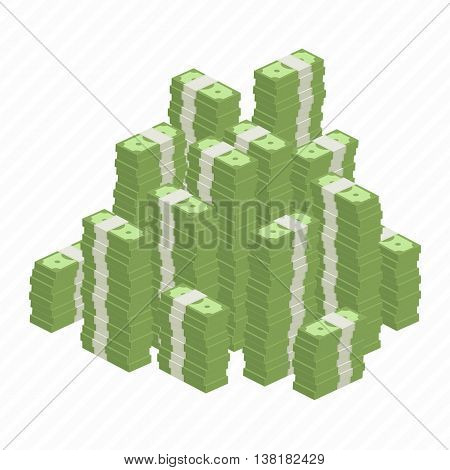 Big stacked pile of cash. Hundreds of dollars in flat style isometric illustration. Big money concept. Stacked pile of hundred us dollar cash. Big pile of cash.