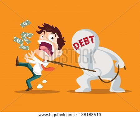 Businessman running away from Debt Man strangled by Debt is inevitable Debt Man pulling businessman