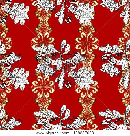 Seamless vintage pattern on red background with golden elements.