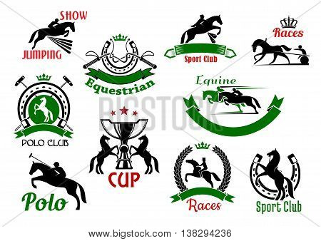 Equestrian or horse racing sport icons. Banners and badges of horse and rider silhouettes jumping over fence or barrier, whips under crown and rearing horses with trophy cup, polo sport club and horseshoe