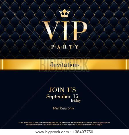 VIP party premium invitation card poster flyer. Black and golden design template. Quilted pattern decorative background with gold ribbon and round badge.