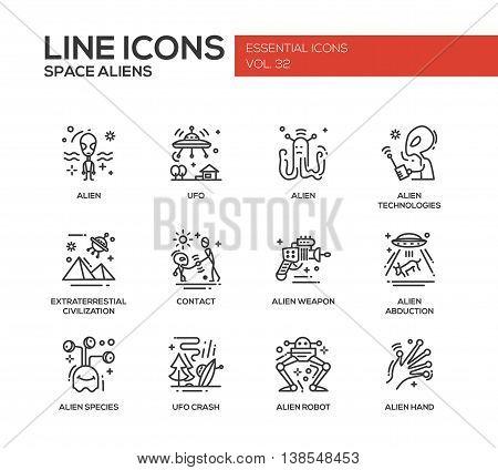 Space Aliens - modern vector plain line design icons and pictograms set. UFO, technologies, extraterrestial civilization, contact, weapon, alien abduction, species, crash, robot hand