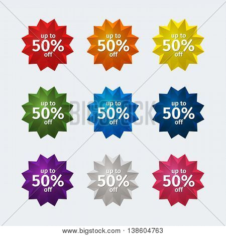 Round off label with corners. Set of round icons with sales percentage. Red label label orange yellow label Green Label Blue Label dark blue Label Purple Label label gray pink label.