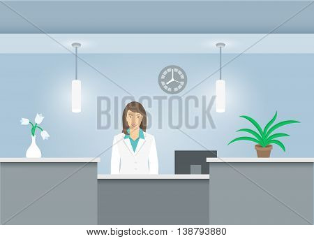 Woman receptionist in medical coat stands at reception desk in hospital. Front view. Vector flat illustration. Dental office interior design with green plants and girl administrator. Clinic registry