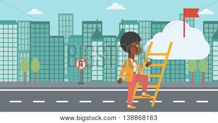 An african-american young business woman climbing up the ladder to get the red flag on the top of the cloud. Vector flat design illustration. Horizontal layout.