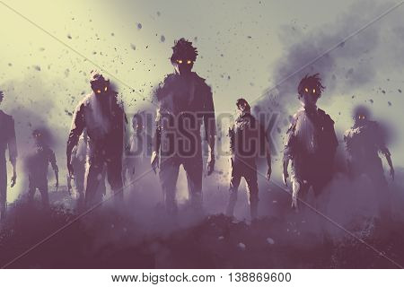 zombie crowd walking at night, halloween concep, tillustration painting