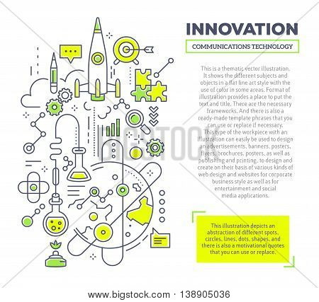 Vector creative concept illustration of innovation with header and text on white background. Innovation technology composition template. Hand draw flat thin line art style monochrome design green and yellow colors for innovation and research theme