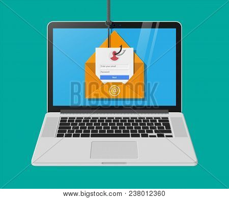 Login Into Account In Email Envelope And Fishing Hook. Internet Phishing, Hacked Login And Password.