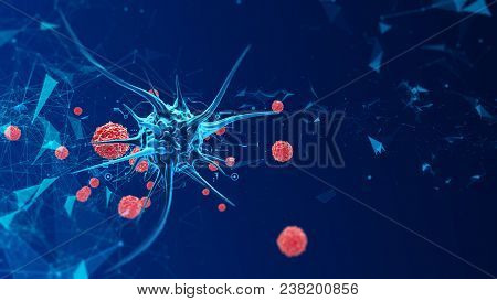 3d Render Biological Cell Virus. Micro Bacteria Under A Microscope. Virus In The Microenvironment. B