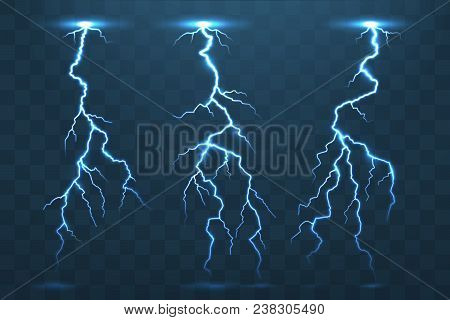 Thunder Bolt And Lightnings, Realistic Thunderstorm Electricity Flash. Electric Blue Glowing  Lightn