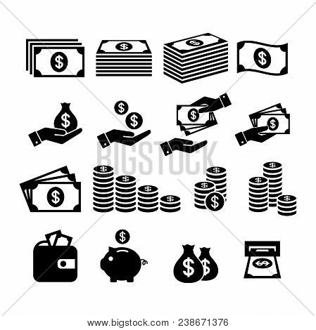 Financial Icon Set. Money Icons. Money Stack, Coin Stack, Piggy Bank, Wallet With Money, Cash Paymen