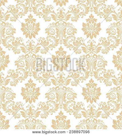 Wallpaper In The Style Of Baroque. A Seamless Vector Background. White And Gold Floral Ornament. Gra