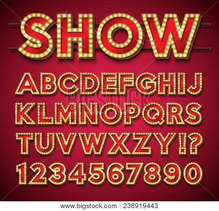 Light Bulb Alphabet With Gold Frame And Shadow On Red Backgrond. Glowing Retro Vector Font Collectio