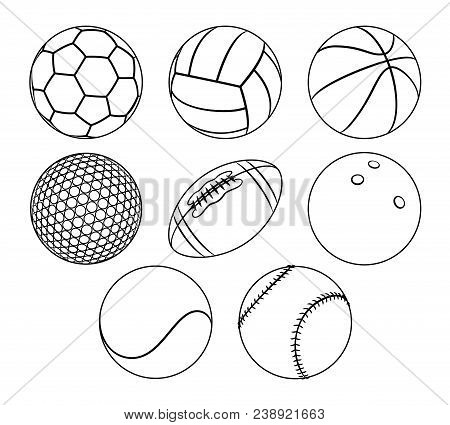 Vector Set Of Outlines Different Sport Balls Isolated On A White Background. Minimal Flat Line Icons