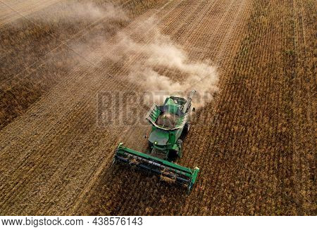 Combine Harvester Working On Harvesting Rapeseed, Aerial View. Farm Harvest Season In Rural. Harvest