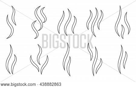 Aromas Wavy Icons Set. Black Outline Steam, Symbol Smell Smoking Or Stench. Simple Line Template Odo