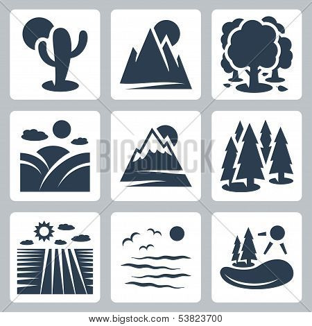 Vector Nature Icons Set: Desert, Mountains, Forest, Meadow, Snow-covered Mountains, Conifer Forest,