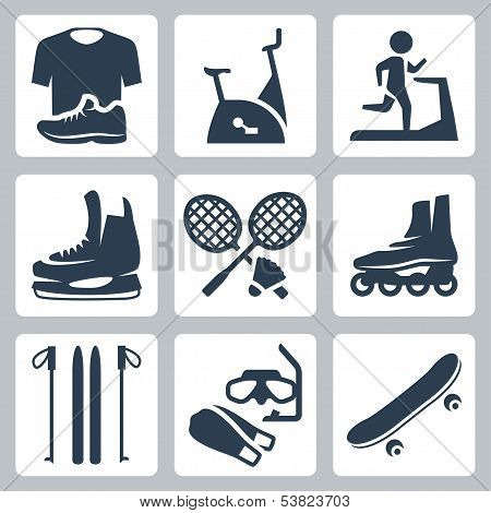 Vector Sports Goods Icons Set: Sportswear, Stationary Bicycle, Treadmill,  Skates, Rackets And Shutt