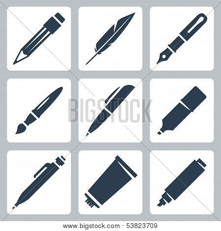 Vector Writing And Painting Tools Icons Set: Pencil, Feather, Fountain Pen, Brush, Pen, Marker, Mech