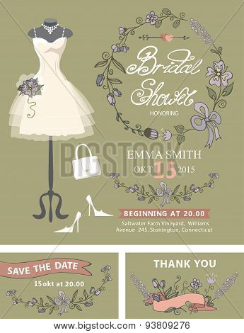 Bridal shower invitation set .Bridal dress,floral decor