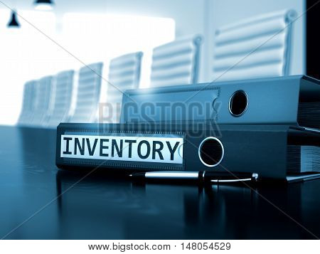 Inventory - Illustration. Inventory - Office Binder on Office Wooden Desktop. Inventory - Business Concept on Blurred Background. Inventory. Illustration on Toned Background. 3D Render.