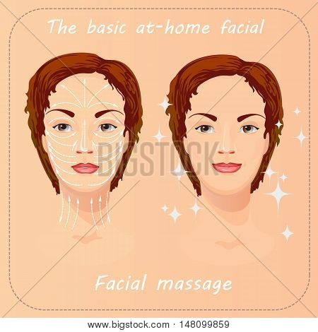 Young woman cares and protects her face. Beauty facial procedure vector illustration. Face care with massage.