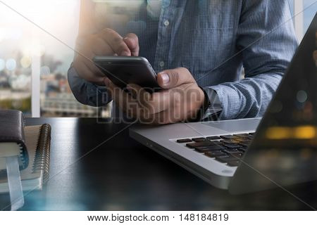 Cropped Shot Silhouette Of A Man's Hands Using A Laptop At Home, Rear View Of Business Man Hands Bus