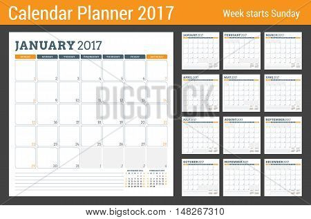 Calendar Planner Template for 2017 Year. Week Starts Sunday. 3 Months on Page. Set of 12 Months. Place for Notes. Stationery Design. Vector Calendar Template