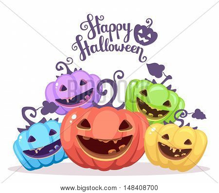 Vector Halloween Illustration Of Heap Decorative Pumpkins Of Different Colors With Eyes, Smiles, Tee