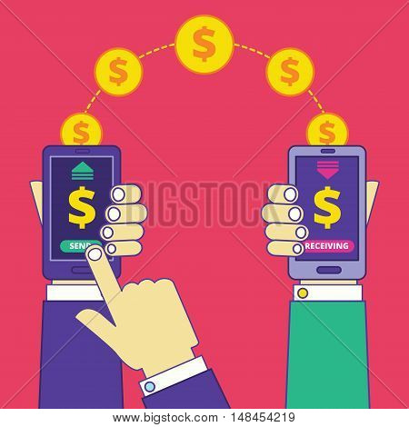 Money transfer operation via cell phone. Sending and receiving money between smartphones. Online money transaction service paying or buying. Vector illustration in trendy cartoon style.