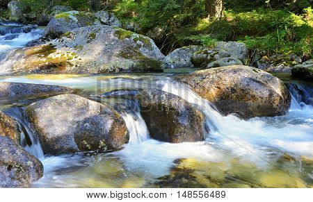 Flowing Water Over Rocks In The Stream.