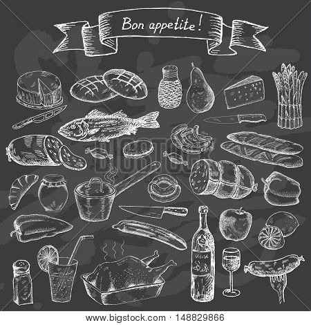 Food set for design menu. Vintage fast food on chalk board background. Hand drawn vector illustration.