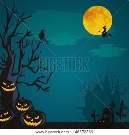 Halloween design - Forest pumpkins on cemetery. Horror background with autumn valley with woods, spooky tree, pumpkins.Space for Halloween holiday text. Halloween background witch flying on broomstick