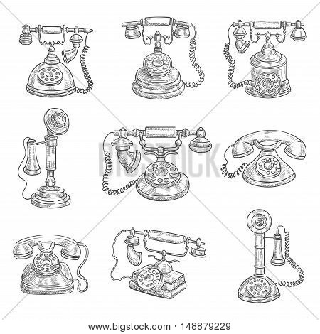 Old vintage retro phones with receivers, dials, wires. Sketch icons on color background. Vector pencil sketch