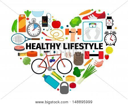 Healthy lifestyle heart emblem. Health, healthy food and active daily routine flat icons vector banner isolated on white background