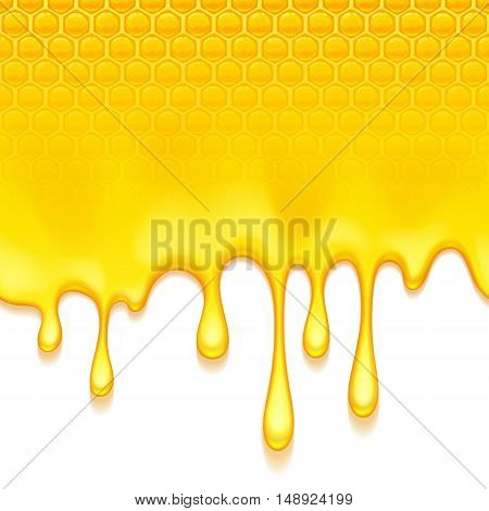 Glossy yellow pattern with honeycomb and sweet honey drips. Sweet background. Seamless horizontal pattern. Honey vector.