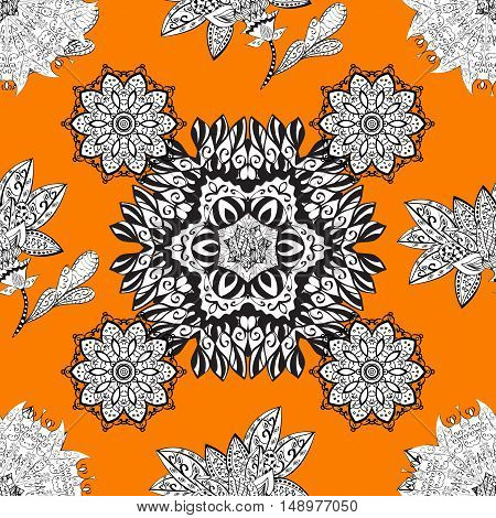 Seamless background. Circle flower mandalas seamless pattern in black white and yellow orange red vector