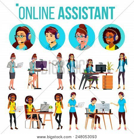 Online Assistant Woman Set Vector. Online Global Tech Support 24 7. Advises Client. Headphone, Heads