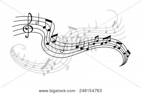 Musical Note And Treble Clef On Swirling Stave Icon. Musical Notation Symbol Of Classic Music Compos