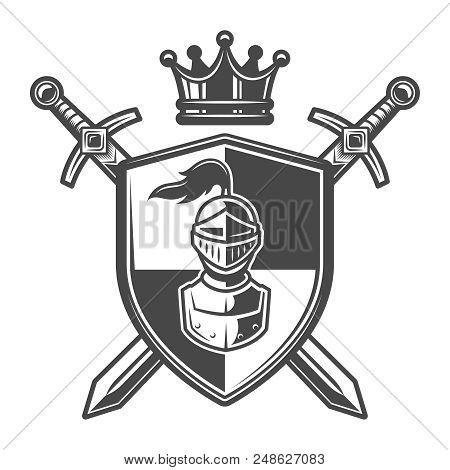 Vintage Monochrome Knight Coat Of Arms With Medieval Warrior Helmet On Shield Crossed Swords And Roy