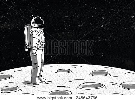 Lonely Astronaut In Spacesuit Standing On Surface Of Moon And Looking At Space Full Of Stars. Cosmon