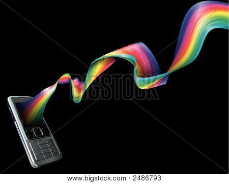 Mobile telefono cellulare con un arcobaleno che scorre fuori di esso