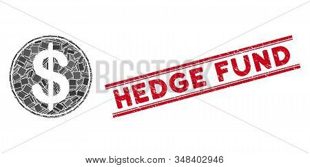 Mosaic Dollar Coin Pictogram And Red Hedge Fund Stamp Between Double Parallel Lines. Flat Vector Dol