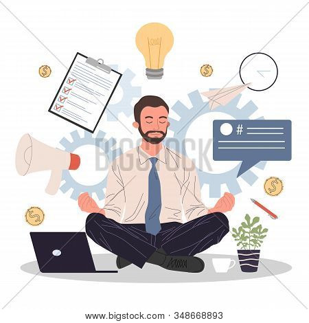 Business Man Meditating And Relaxing In Lotus Position Vector Illustration. Office Man Practicing St